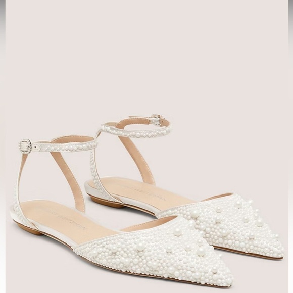 Stuart Weitzman Pearl Satin Bliss Flats White Pointed Toe Bridal Shoes Size 11 - Picture 3 of 17